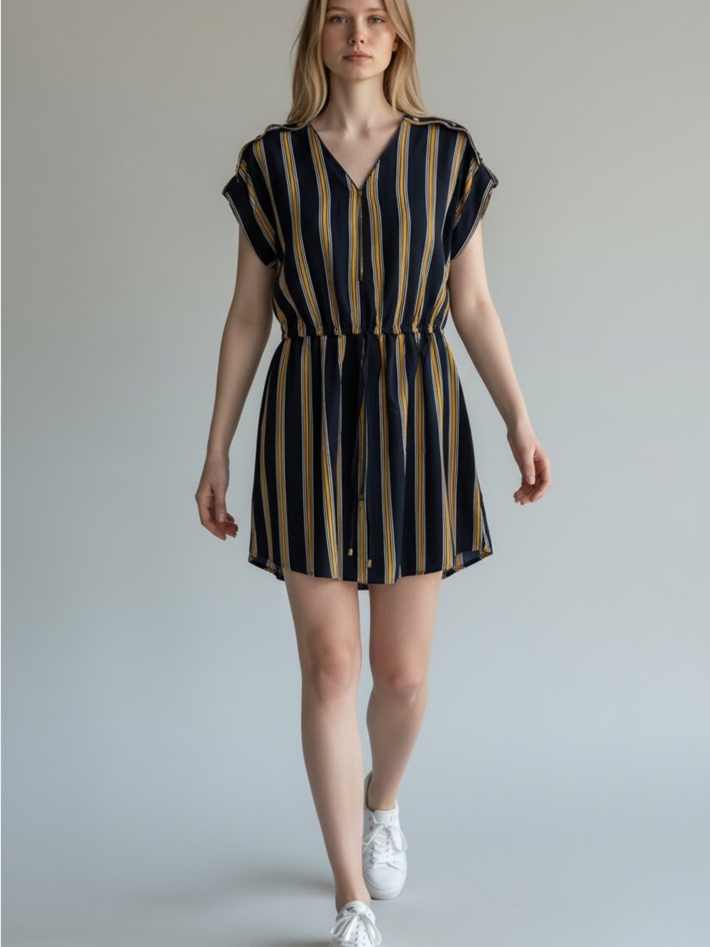 Speed Control Navy and Mustard Striped V-Neck Mini Dress